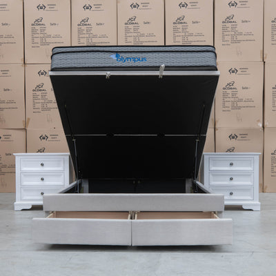 The Amelia Queen Fabric Gas Lift Storage Drawer Bed - Oat White - Available After 10th October available to purchase from Warehouse Furniture Clearance at our next sale event.