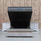 The Amelia Double Fabric Gas Lift Storage Drawer Bed - Oat White available to purchase from Warehouse Furniture Clearance at our next sale event.