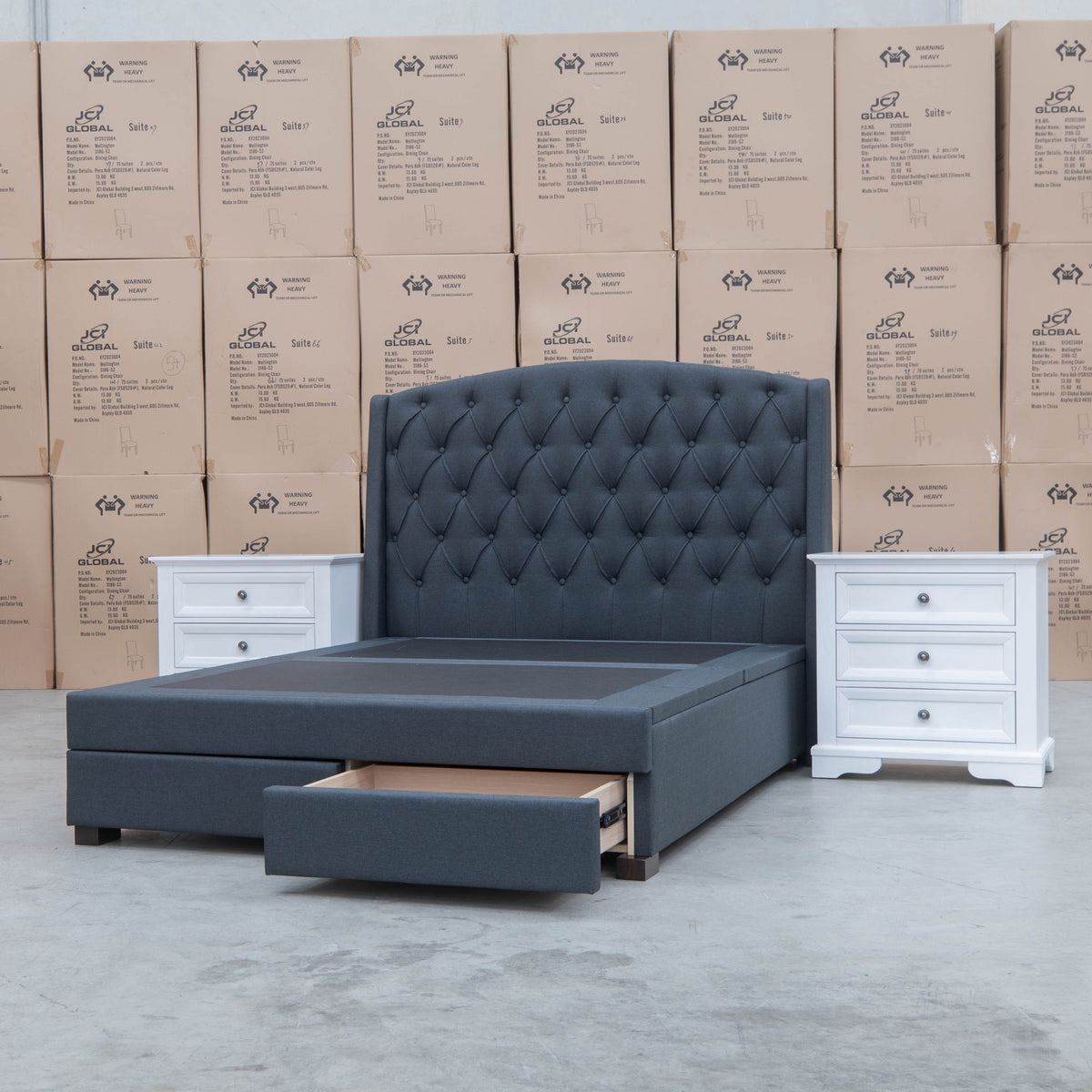 The Emily Double Fabric Gas Lift Storage Drawer Bed - Charcoal available to purchase from Warehouse Furniture Clearance at our next sale event.