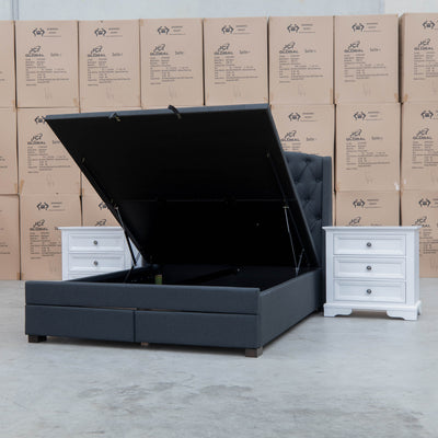 The Emily King Fabric Gas Lift Storage Drawer Bed - Charcoal - Available After 13th October available to purchase from Warehouse Furniture Clearance at our next sale event.