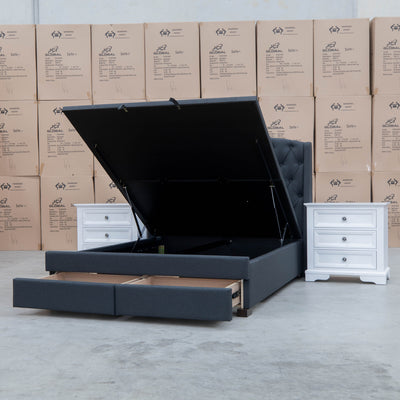 The Emily King Fabric Gas Lift Storage Drawer Bed - Charcoal - Available After 13th October available to purchase from Warehouse Furniture Clearance at our next sale event.