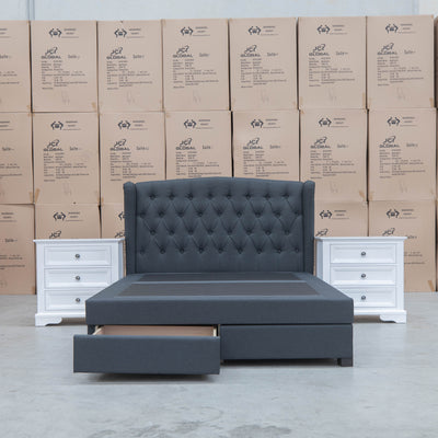 The Amelia Queen Fabric Gas Lift Bed - Charcoal - Available After 10th October available to purchase from Warehouse Furniture Clearance at our next sale event.