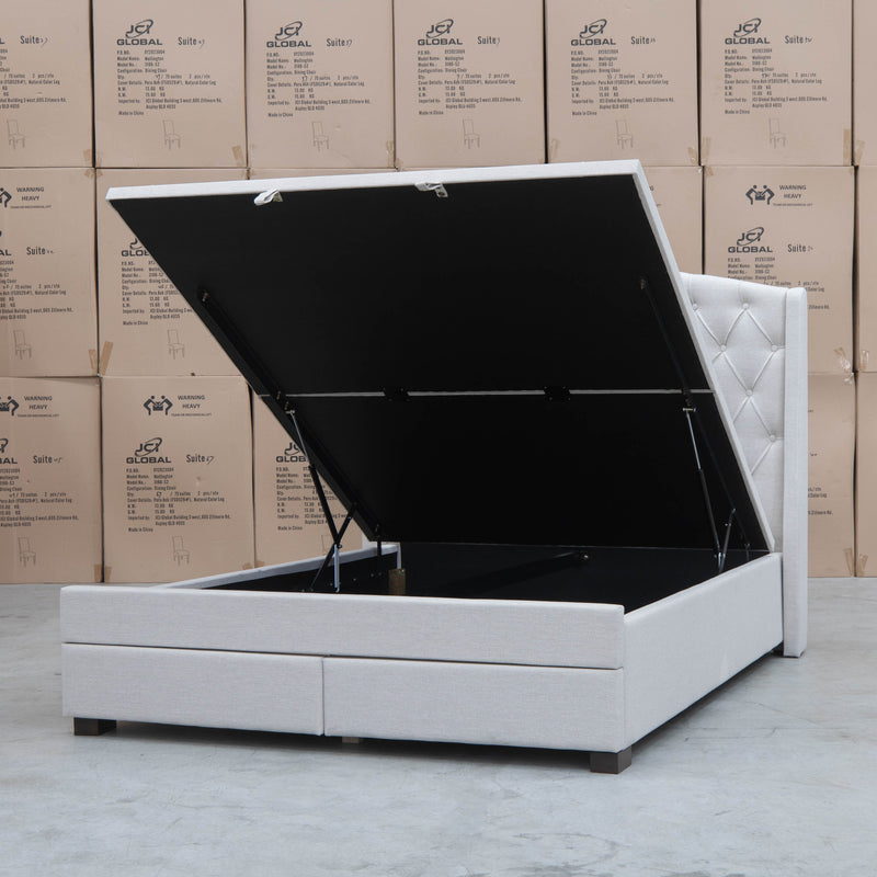 The Emily King Fabric Gas Lift Storage Drawer Bed - Oat White available to purchase from Warehouse Furniture Clearance at our next sale event.