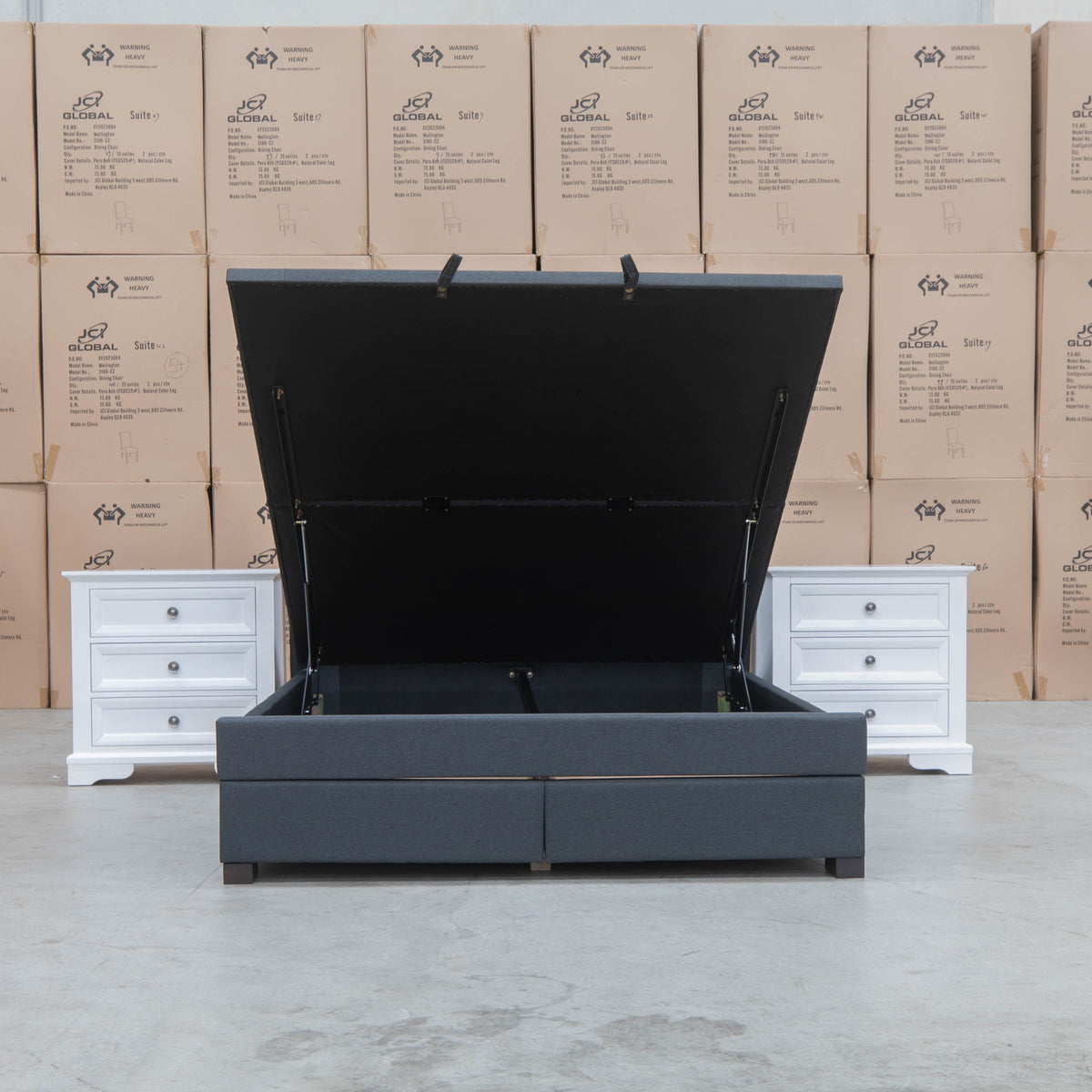 The Amelia Double Fabric Gas Lift Storage Bed - Charcoal available to purchase from Warehouse Furniture Clearance at our next sale event.