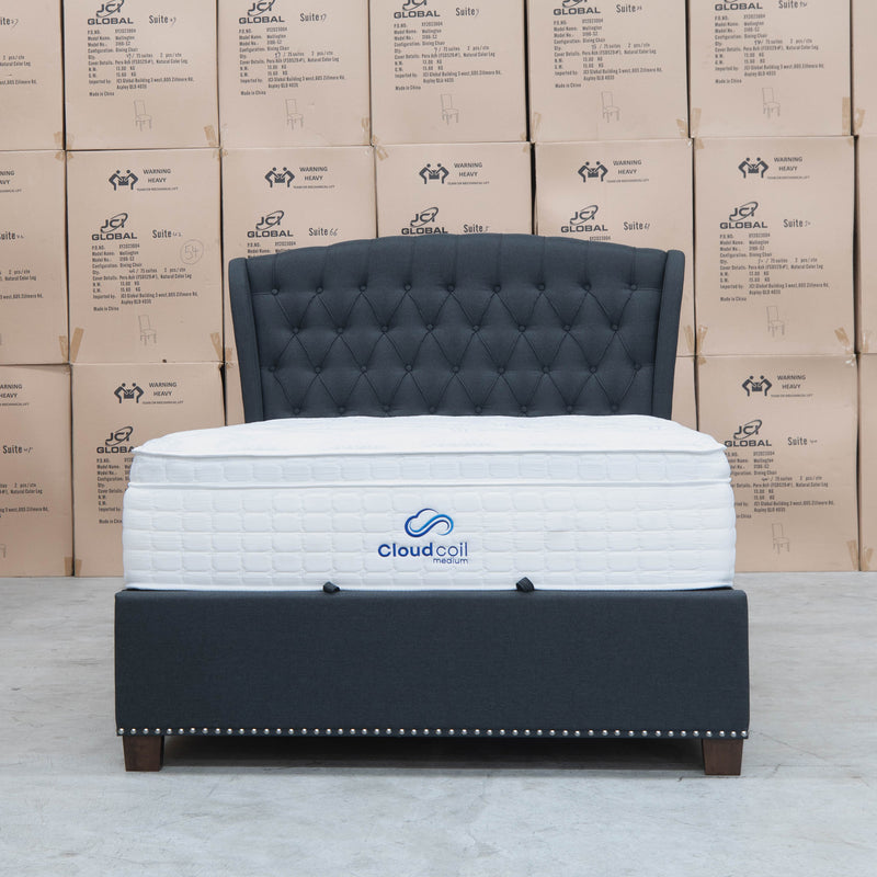 The Elizabeth Queen Fabric Gas Lift Bed - Charcoal available to purchase from Warehouse Furniture Clearance at our next sale event.