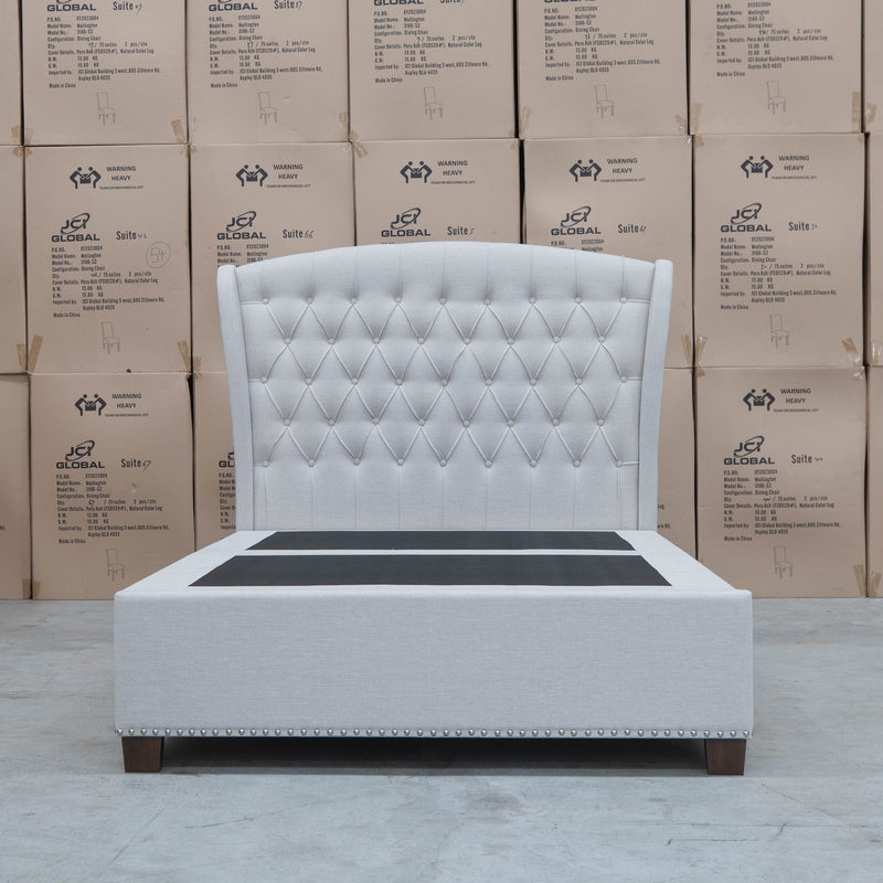 The Elizabeth Queen Fabric Gas Lift Bed - Oat White available to purchase from Warehouse Furniture Clearance at our next sale event.