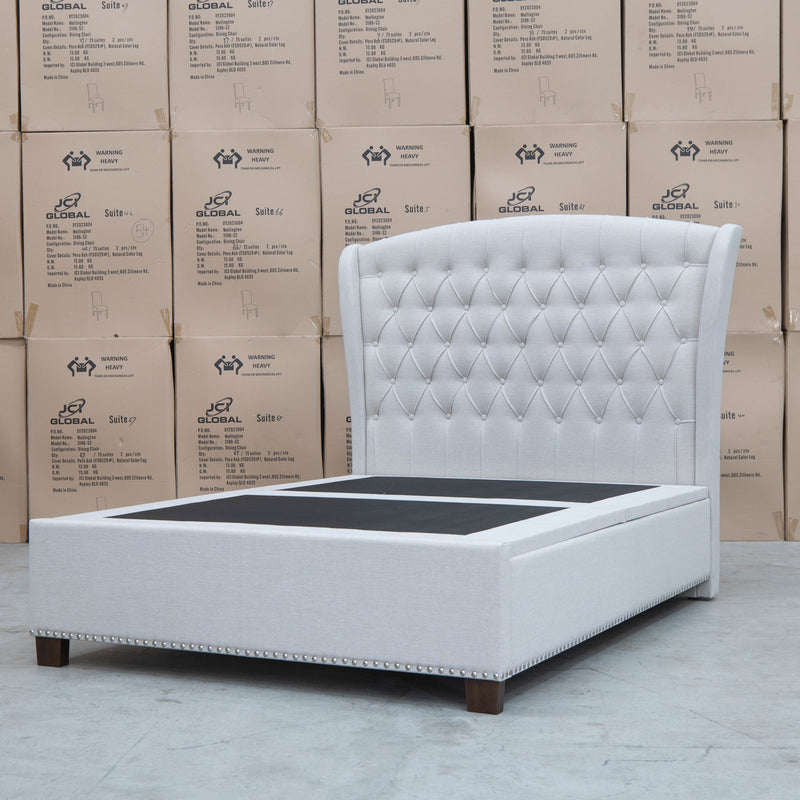 The Elizabeth Queen Fabric Gas Lift Bed - Oat White available to purchase from Warehouse Furniture Clearance at our next sale event.
