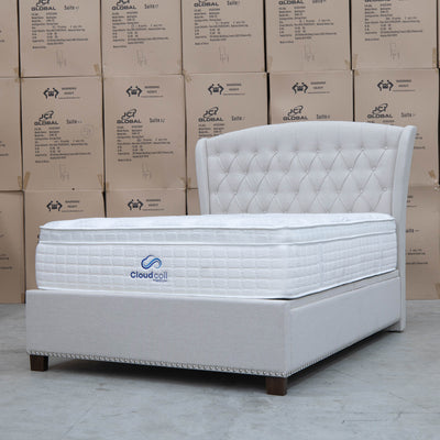 The Elizabeth Queen Fabric Gas Lift Bed - Oat White available to purchase from Warehouse Furniture Clearance at our next sale event.