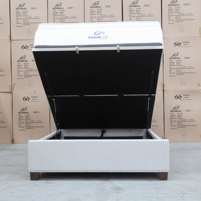 The Elizabeth Queen Fabric Gas Lift Bed - Oat White available to purchase from Warehouse Furniture Clearance at our next sale event.