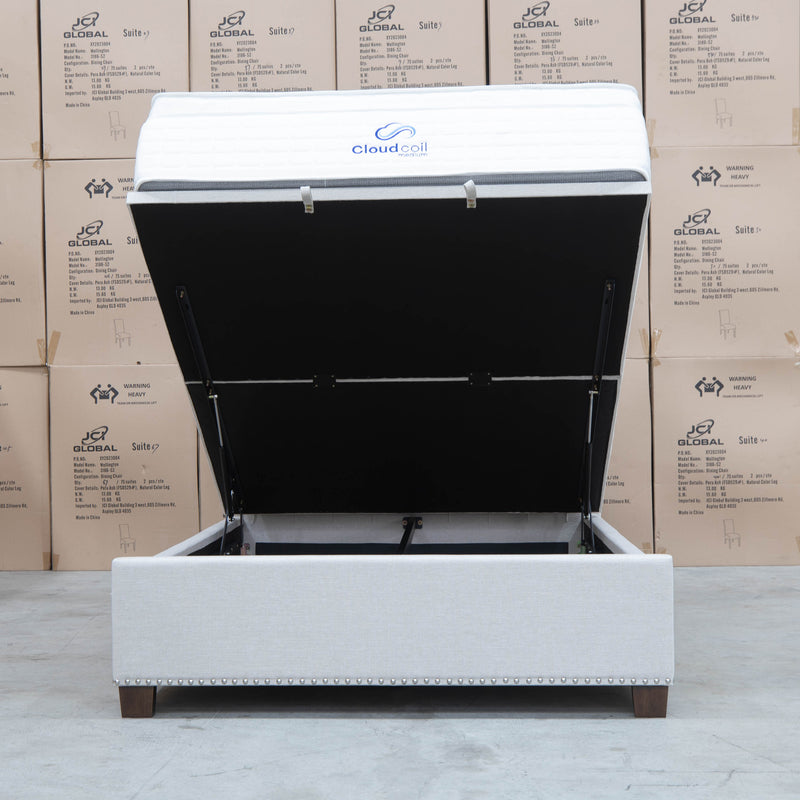 The Elizabeth King Fabric Gas Lift Bed - Oat White available to purchase from Warehouse Furniture Clearance at our next sale event.