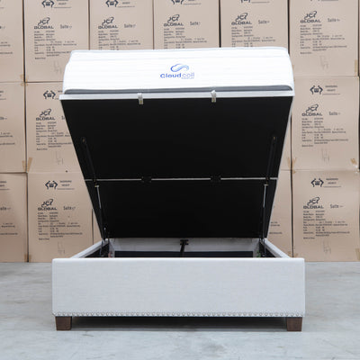 The Elizabeth Queen Fabric Gas Lift Bed - Oat White available to purchase from Warehouse Furniture Clearance at our next sale event.