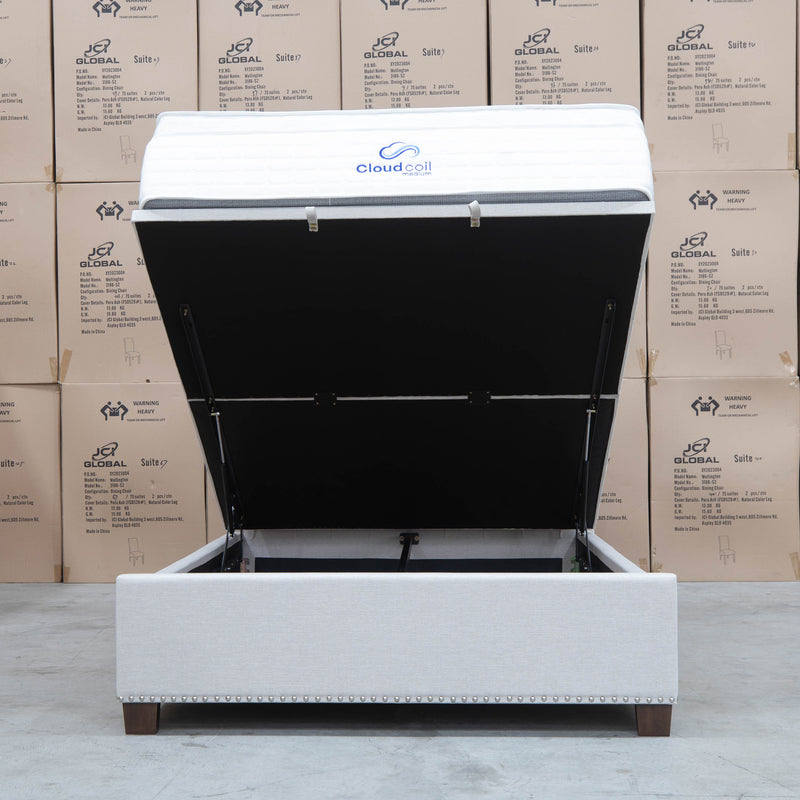 The Elizabeth Queen Fabric Gas Lift Bed - Oat White available to purchase from Warehouse Furniture Clearance at our next sale event.