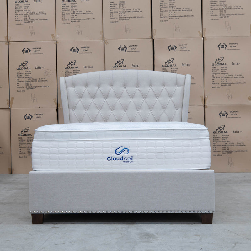 The Elizabeth Queen Fabric Gas Lift Bed - Oat White available to purchase from Warehouse Furniture Clearance at our next sale event.
