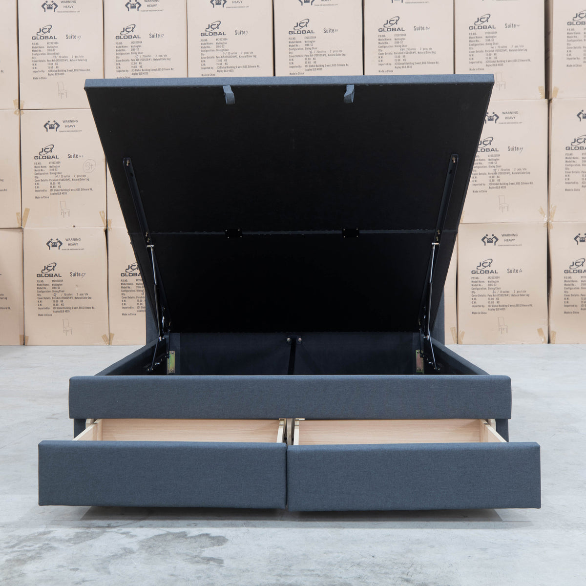 The Amie Queen Fabric Gas Lift & Storage Drawer Bed - Charcoal - PRE ORDER Available After 7th November available to purchase from Warehouse Furniture Clearance at our next sale event.