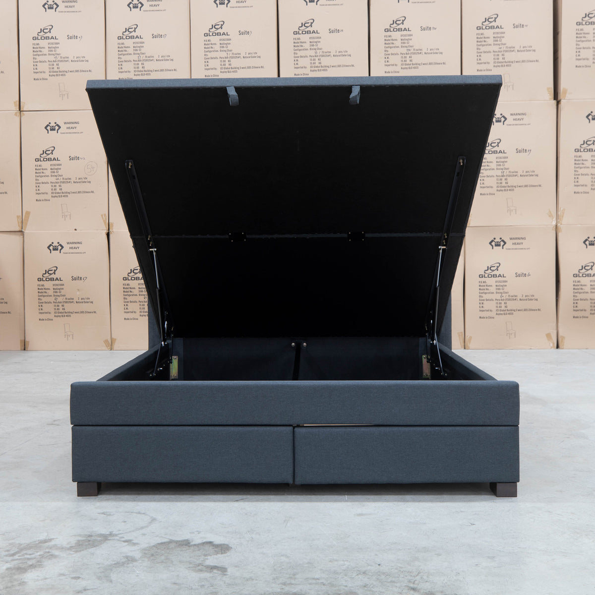 The Amie Queen Fabric Gas Lift & Storage Drawer Bed - Charcoal - PRE ORDER Available After 7th November available to purchase from Warehouse Furniture Clearance at our next sale event.