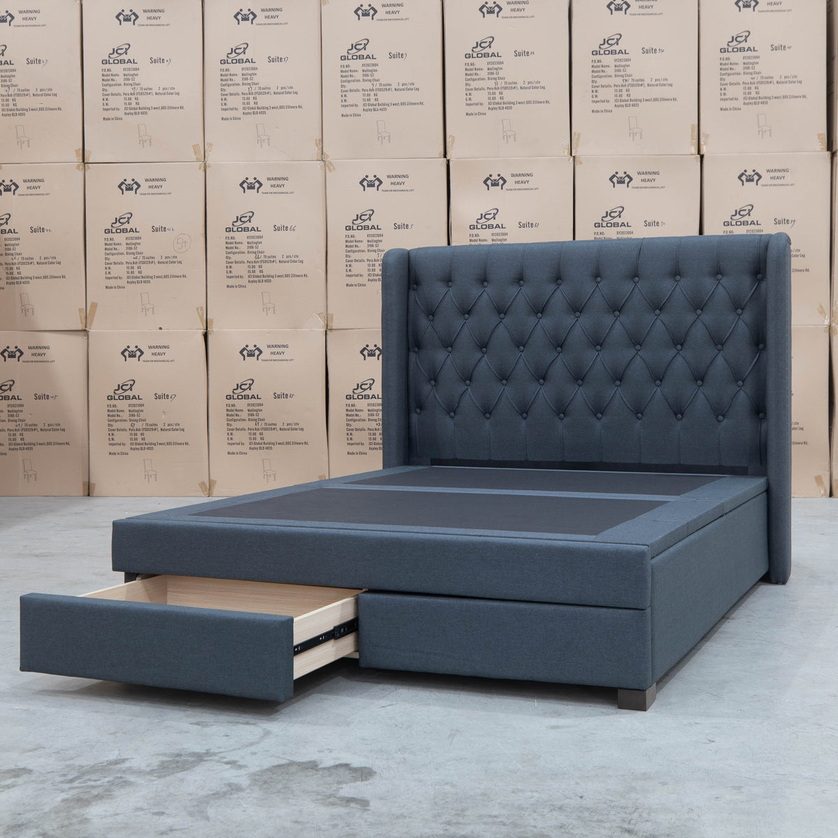 The Amie Queen Fabric Gas Lift & Storage Drawer Bed - Charcoal - PRE ORDER Available After 7th November available to purchase from Warehouse Furniture Clearance at our next sale event.