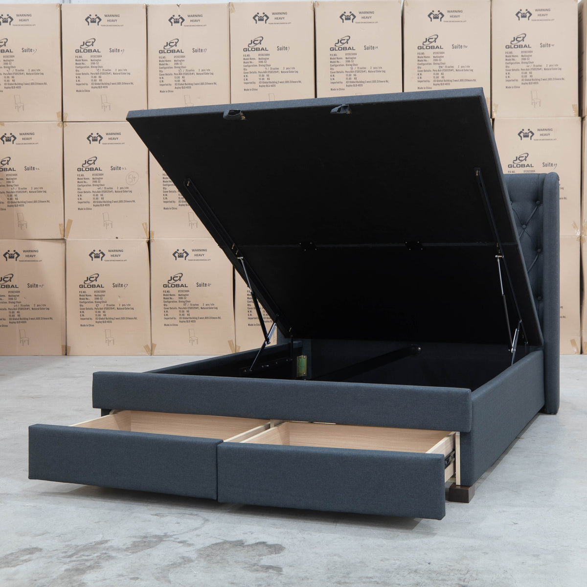 The Amie Queen Fabric Gas Lift & Storage Drawer Bed - Charcoal - PRE ORDER Available After 7th November available to purchase from Warehouse Furniture Clearance at our next sale event.