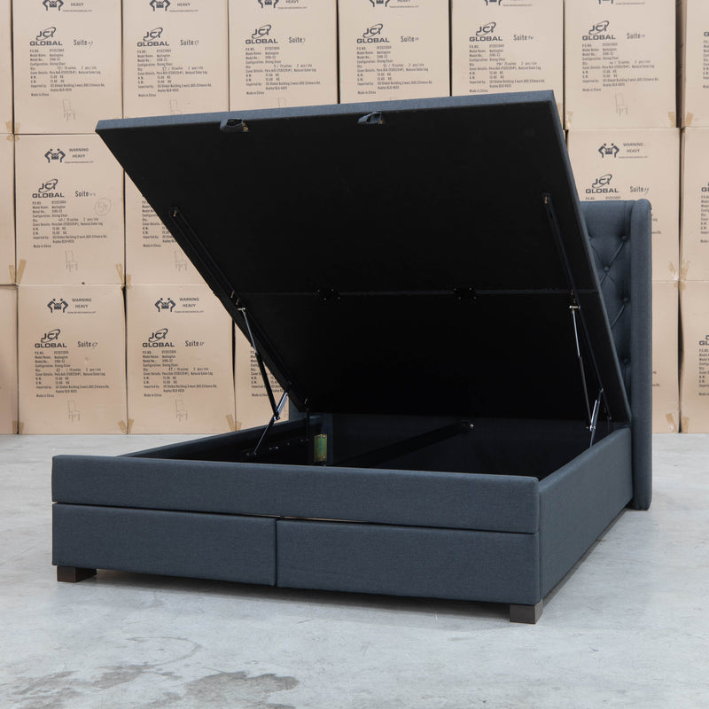 The Amie Queen Fabric Gas Lift & Storage Drawer Bed – Charcoal available to purchase from Warehouse Furniture Clearance at our next sale event.