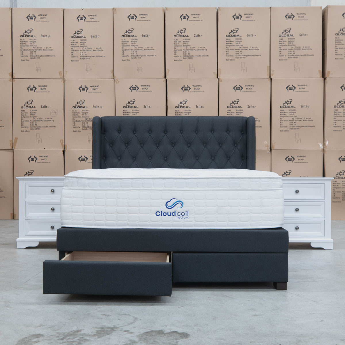 The Amie Queen Fabric Gas Lift & Storage Drawer Bed - Charcoal - PRE ORDER Available After 7th November available to purchase from Warehouse Furniture Clearance at our next sale event.
