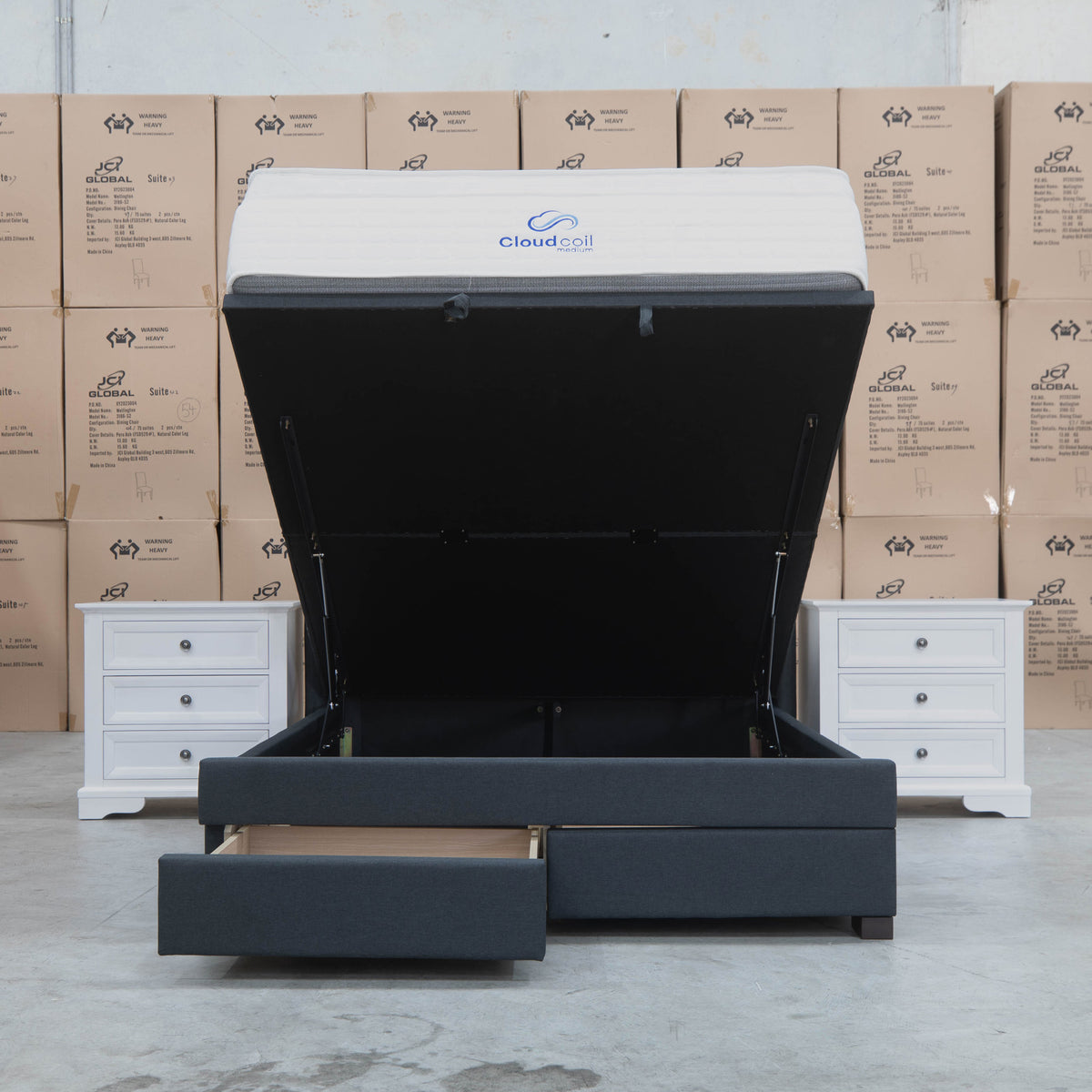 The Amie King Fabric Gas Lift & Storage Drawer Bed - Charcoal available to purchase from Warehouse Furniture Clearance at our next sale event.
