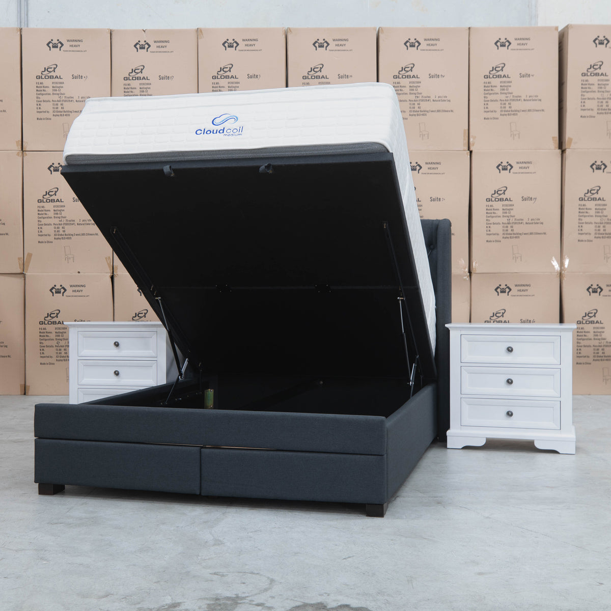 The Amie Queen Fabric Gas Lift & Storage Drawer Bed - Charcoal - PRE ORDER Available After 7th November available to purchase from Warehouse Furniture Clearance at our next sale event.