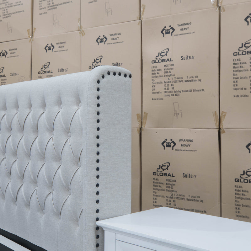 The Amie Queen Fabric Gas Lift & Storage Drawer Bed – Oat White available to purchase from Warehouse Furniture Clearance at our next sale event.