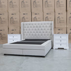 The Amie Queen Fabric Gas Lift & Storage Drawer Bed - Oat White - PRE ORDER Available After 7th November available to purchase from Warehouse Furniture Clearance at our next sale event.