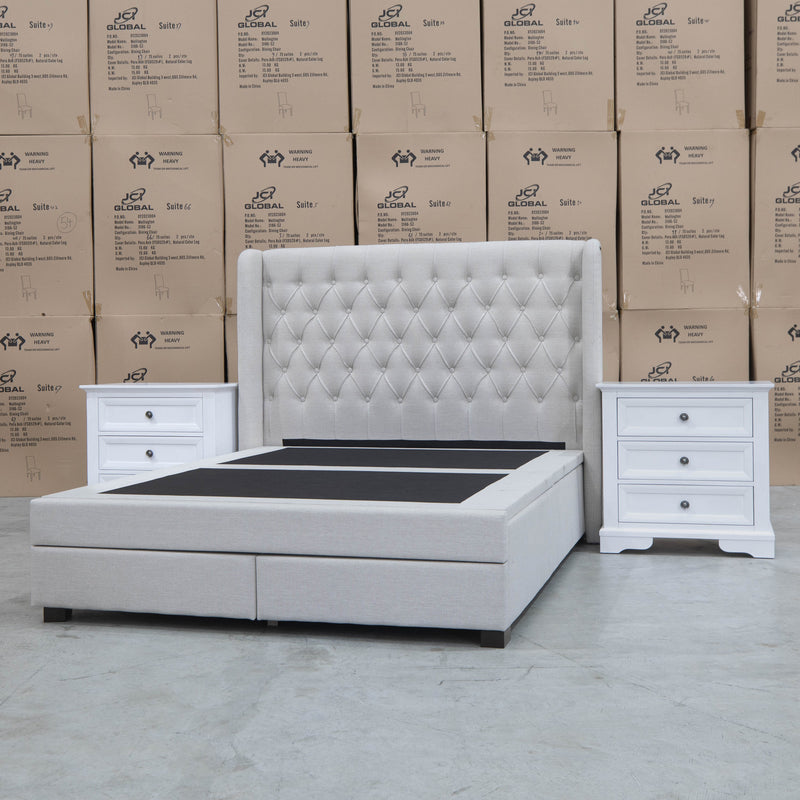 The Amie Queen Fabric Gas Lift & Storage Drawer Bed – Oat White available to purchase from Warehouse Furniture Clearance at our next sale event.