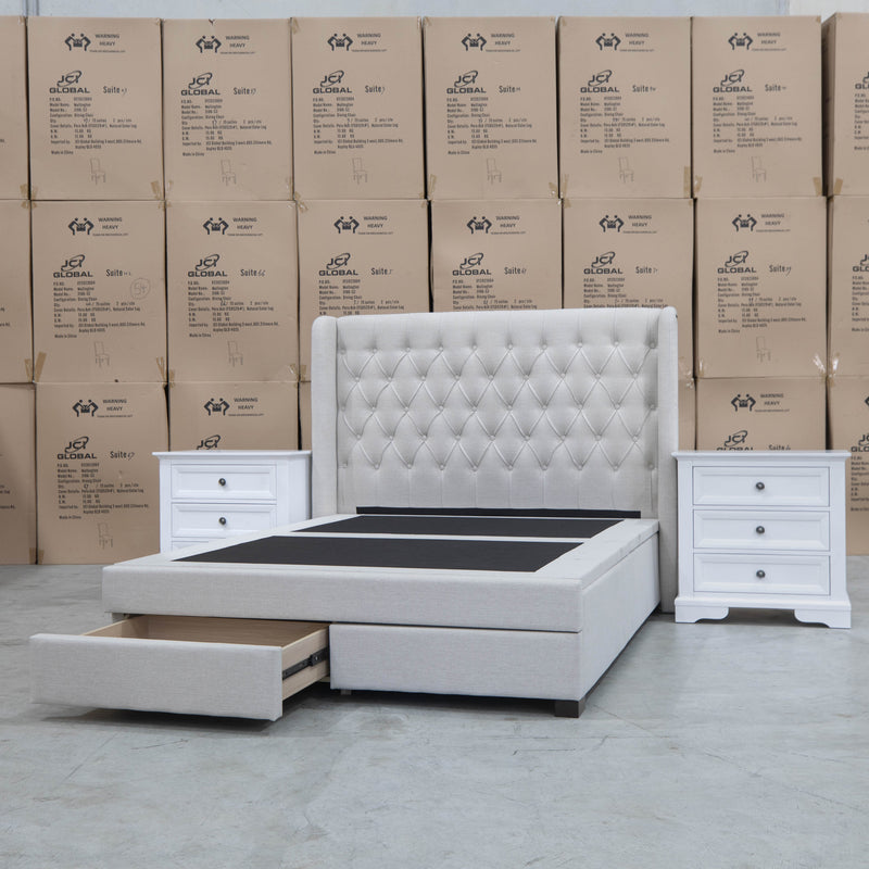 The Amie Queen Fabric Gas Lift & Storage Drawer Bed – Oat White available to purchase from Warehouse Furniture Clearance at our next sale event.