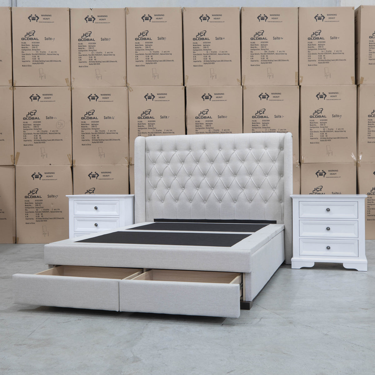 The Amie Queen Fabric Gas Lift & Storage Drawer Bed - Oat White - PRE ORDER Available After 7th November available to purchase from Warehouse Furniture Clearance at our next sale event.