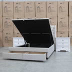 The Amie Queen Fabric Gas Lift & Storage Drawer Bed - Oat White - PRE ORDER Available After 7th November available to purchase from Warehouse Furniture Clearance at our next sale event.