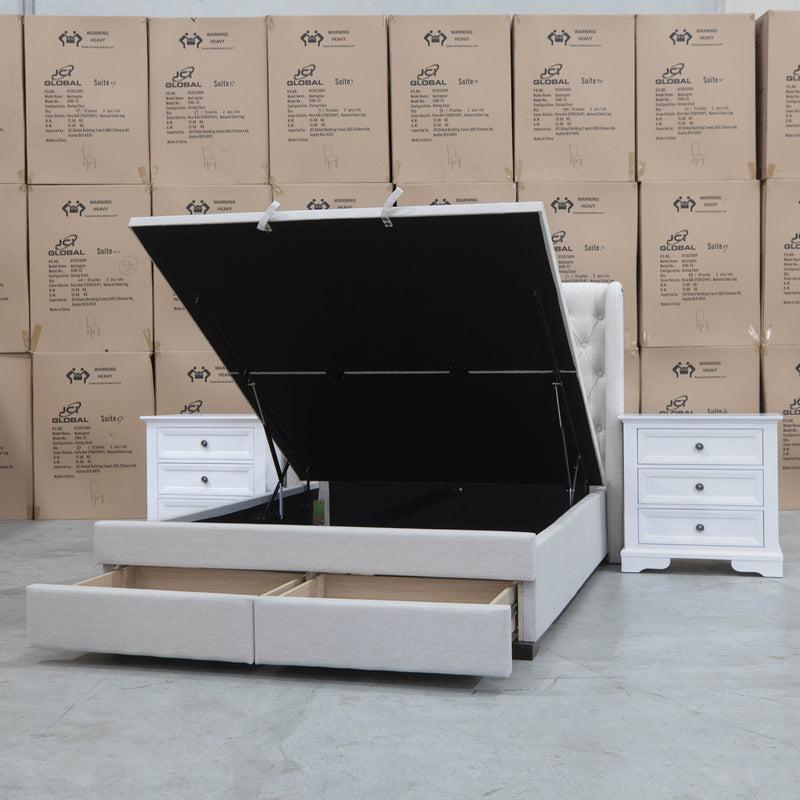 The Amie Queen Fabric Gas Lift & Storage Drawer Bed – Oat White available to purchase from Warehouse Furniture Clearance at our next sale event.