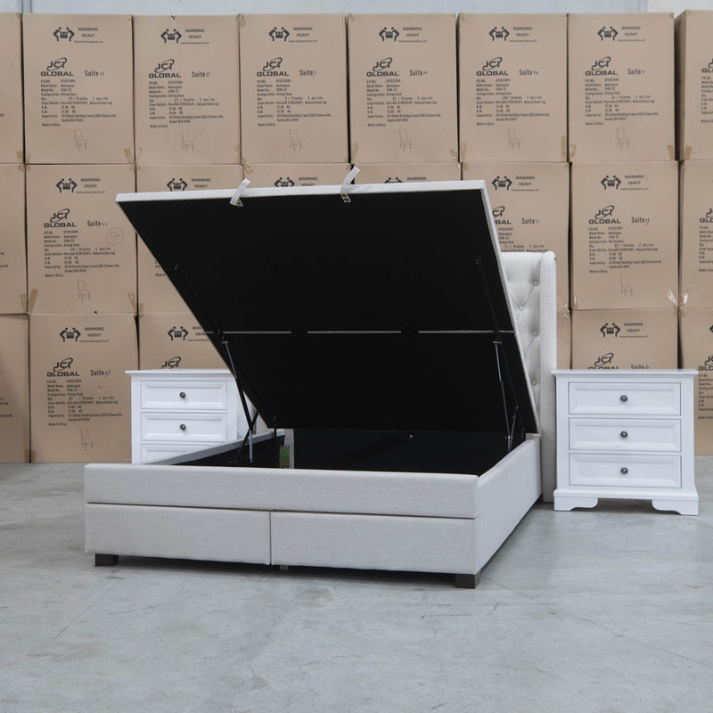 The Amie Queen Fabric Gas Lift & Storage Drawer Bed – Oat White available to purchase from Warehouse Furniture Clearance at our next sale event.