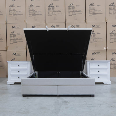 The Amie King Fabric Gas Lift & Storage Drawer Bed - Oat White available to purchase from Warehouse Furniture Clearance at our next sale event.