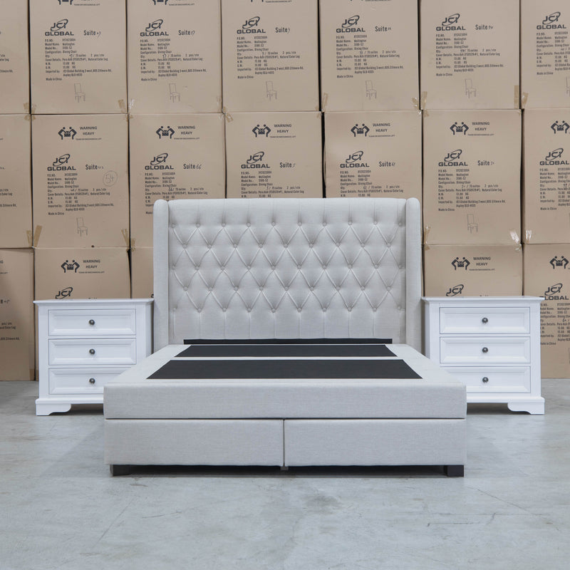 The Amie Queen Fabric Gas Lift & Storage Drawer Bed – Oat White available to purchase from Warehouse Furniture Clearance at our next sale event.