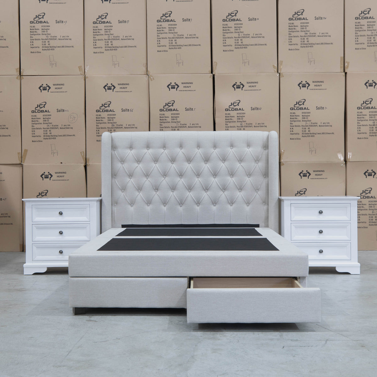 The Amie Queen Fabric Gas Lift & Storage Drawer Bed - Oat White - PRE ORDER Available After 7th November available to purchase from Warehouse Furniture Clearance at our next sale event.