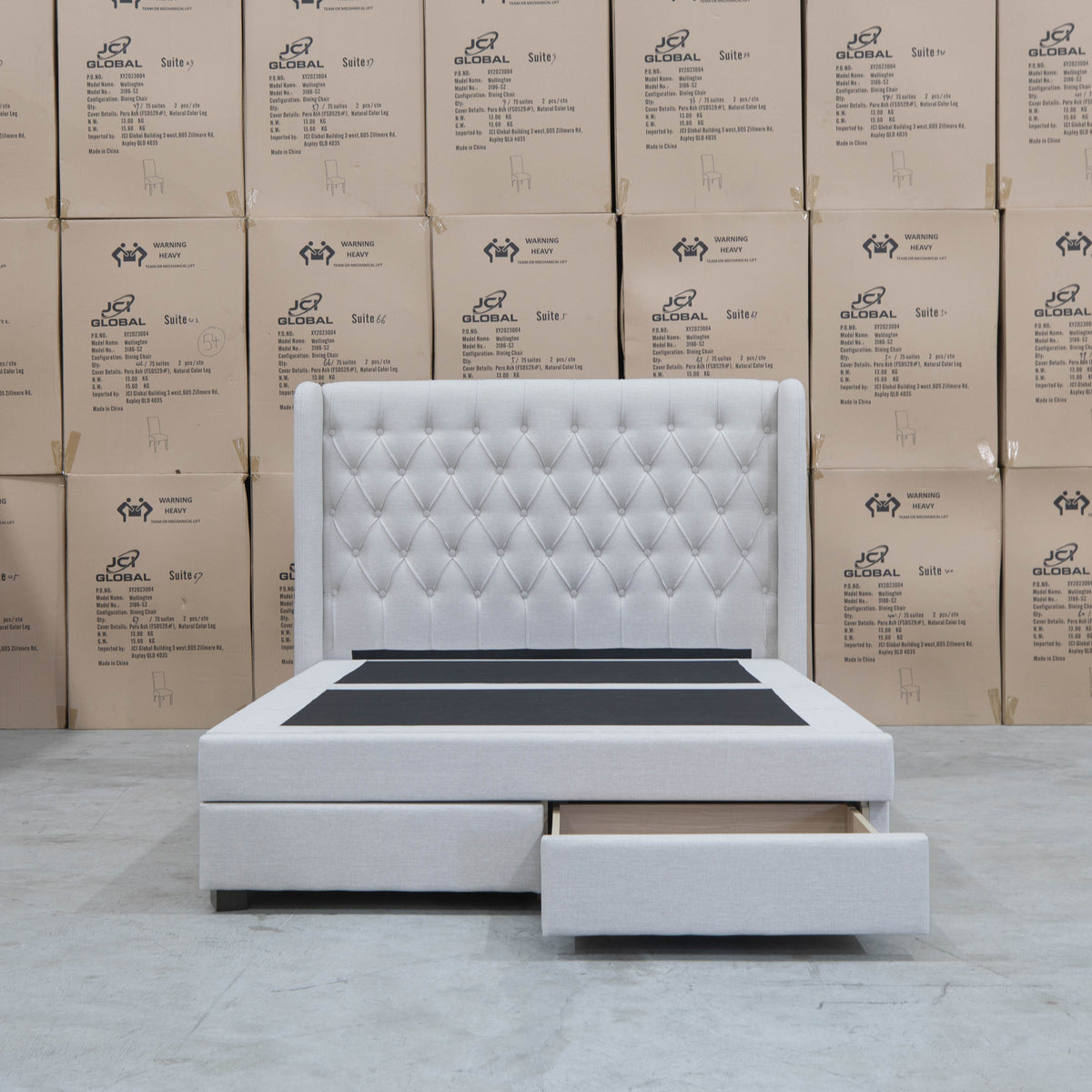 The Amie Queen Fabric Gas Lift & Storage Drawer Bed - Oat White - PRE ORDER Available After 7th November available to purchase from Warehouse Furniture Clearance at our next sale event.