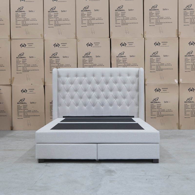 The Amie Queen Fabric Gas Lift & Storage Drawer Bed – Oat White available to purchase from Warehouse Furniture Clearance at our next sale event.