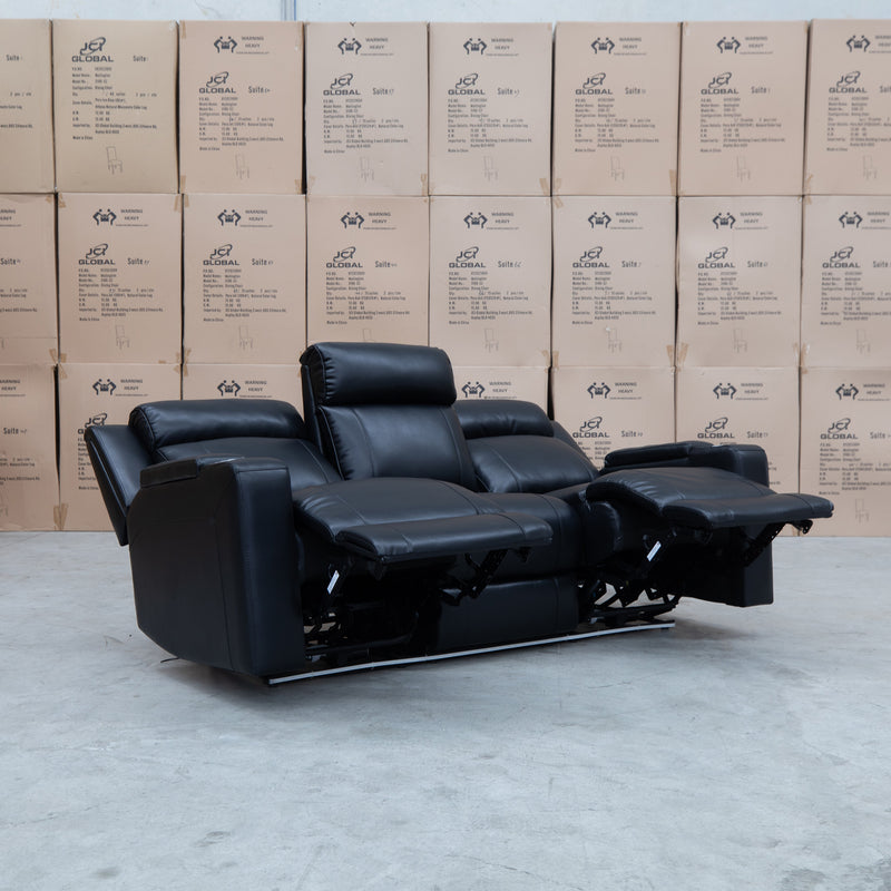 The Gers Dual Electric Three Seat Leather Recliner Lounge - Black available to purchase from Warehouse Furniture Clearance at our next sale event.