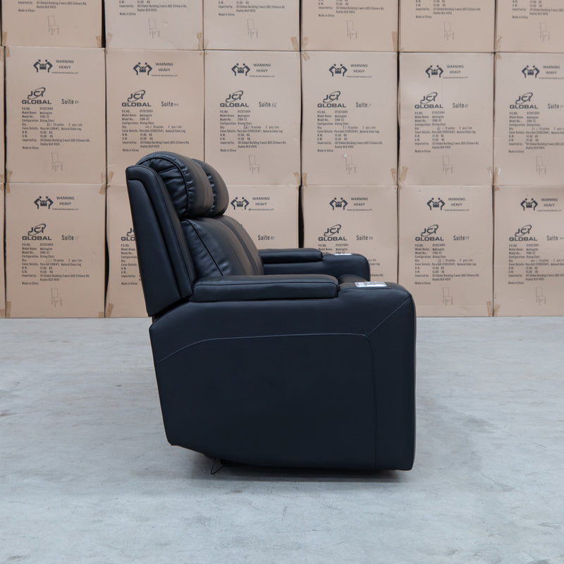 The Gers Dual Electric Three Seat Leather Recliner Lounge - Black available to purchase from Warehouse Furniture Clearance at our next sale event.