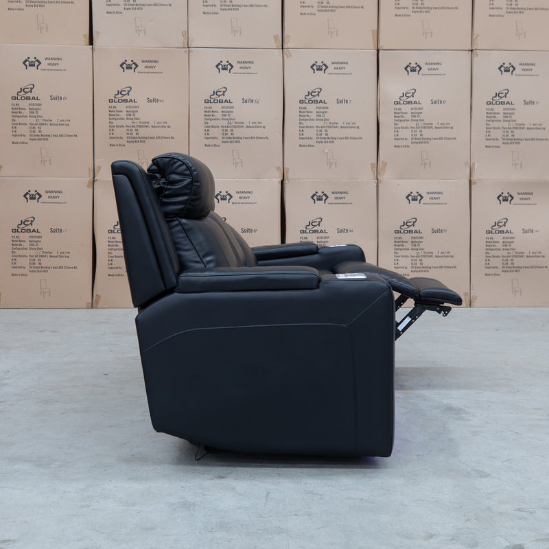 The Gers Dual Electric Three Seat Leather Recliner Lounge - Black available to purchase from Warehouse Furniture Clearance at our next sale event.