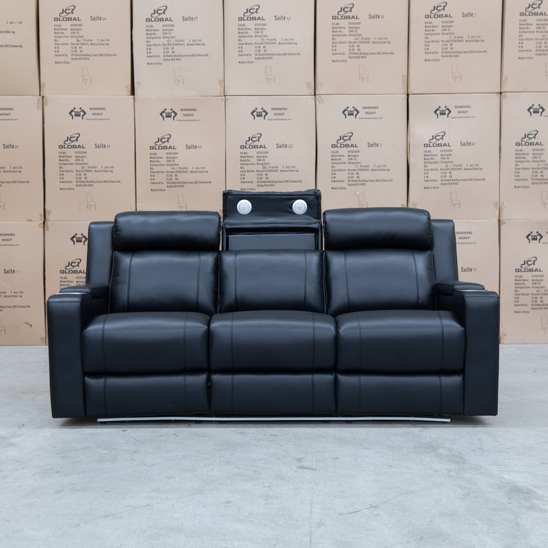 The Gers Dual Electric Three Seat Leather Recliner Lounge - Black available to purchase from Warehouse Furniture Clearance at our next sale event.