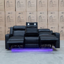 The Gers Dual Electric Three Seat Leather Recliner Lounge - Black available to purchase from Warehouse Furniture Clearance at our next sale event.