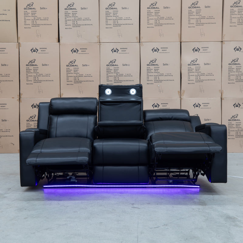 The Gers Dual Electric Three Seat Leather Recliner Lounge - Black available to purchase from Warehouse Furniture Clearance at our next sale event.