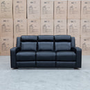 The Gers Dual Electric Three Seat Leather Recliner Lounge - Black available to purchase from Warehouse Furniture Clearance at our next sale event.