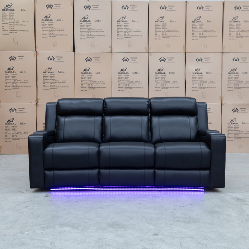 The Gers Dual Electric Three Seat Leather Recliner Lounge - Black available to purchase from Warehouse Furniture Clearance at our next sale event.