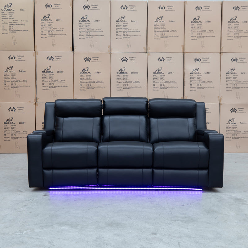 The Gers Dual Electric Three Seat Leather Recliner Lounge - Black available to purchase from Warehouse Furniture Clearance at our next sale event.