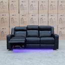 The Gers Dual Electric Three Seat Leather Recliner Lounge - Black available to purchase from Warehouse Furniture Clearance at our next sale event.