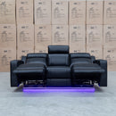 The Gers Dual Electric Three Seat Leather Recliner Lounge - Black available to purchase from Warehouse Furniture Clearance at our next sale event.