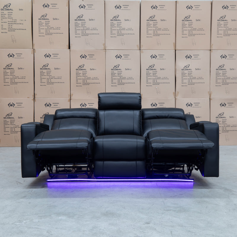 The Gers Dual Electric Three Seat Leather Recliner Lounge - Black available to purchase from Warehouse Furniture Clearance at our next sale event.